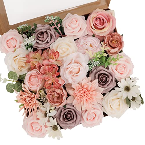 JPSOR Dusty Rose Flowers Fake Roses, Blush Flowers Pink Roses Artificial Flowers Combo Box Set with Foam Flowers for DIY Wedding Bouquets Bridal Shower Centerpieces Table Decoration