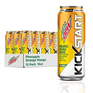 mountain dew kickstart, pineapple orange mango, 90mg caffeine, vitamins b & c, 80 calories, 10% juice, 16 fl oz (12 count)