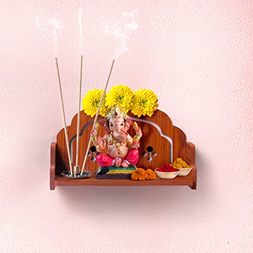 Wooden Temple Wall Mounted Hanging Table top Pooja Mandir God Stand Shelf for Home Office and Gifting (Om)