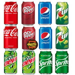 munchie box soda variety pack – cola, pepsi, dr. pepper, mountain dew, sprite and 7up ( pack of 12) refresco en latas surtidas (regular)