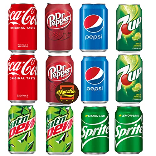 Munchie Box Soda Variety Pack - Cola, Pepsi, Dr. Pepper, Mountain Dew, Sprite and 7up ( Pack of 12) Refresco en latas Surtidas (Regular)