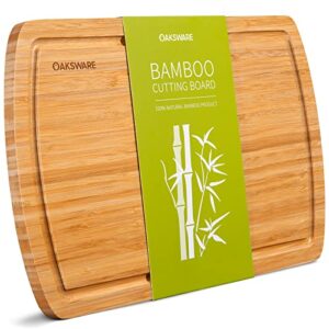 oaksware pre-oiled bamboo cutting board, kitchen chopping boards with juice groove for meat, cheese, fruit & vegetables-100% organic bamboo butcher block carving board