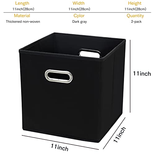 Yunkeeper 11 Inch Cube Storage Bins ,Black Fabric Cubes Organizer Baskets with Handle, Foldable Basket for Closet or Collapsible Storage Box, 11x11x11 Set of 2 (Black )