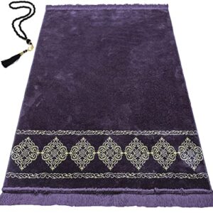 Modefa Turkish Islamic Prayer Rug - Large & Wide Soft Velvet Janamaz - Comfortable Muslim Praying Mat for Men & Women - Ramadan or Eid Gift - with Prayer Beads Tesbih - Grand Plush (Purple)