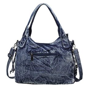 BOUYA Women's Denim Casual Hobo Bag Jeans Shoulder Bags for School Office Travel Retro Denim Bag Large-capacity One-shoulder Messenger Bag Tote Bag Hobo Purse for Teen Girls Women (Own Style Blue)