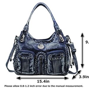 BOUYA Women's Denim Casual Hobo Bag Jeans Shoulder Bags for School Office Travel Retro Denim Bag Large-capacity One-shoulder Messenger Bag Tote Bag Hobo Purse for Teen Girls Women (Own Style Blue)