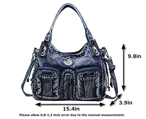 BOUYA Women's Denim Casual Hobo Bag Jeans Shoulder Bags for School Office Travel Retro Denim Bag Large-capacity One-shoulder Messenger Bag Tote Bag Hobo Purse for Teen Girls Women (Own Style Blue)