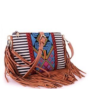 boho fringed tassel aztec tribal print canvas satchel crossbody bag wristlet purse (leather fringed wristlet cross body – brown)