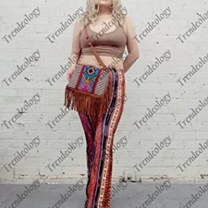 Boho Fringed Tassel Aztec Tribal Print Canvas Satchel Crossbody Bag Wristlet Purse (Leather Fringed Wristlet Cross Body - Brown)