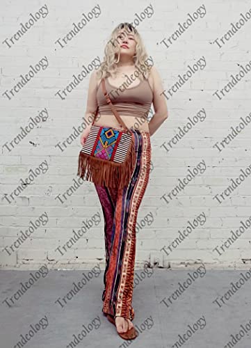 Boho Fringed Tassel Aztec Tribal Print Canvas Satchel Crossbody Bag Wristlet Purse (Leather Fringed Wristlet Cross Body - Brown)