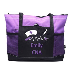 personalized nurse tote bag with mesh pockets, zippered beach tote bags , large travel tote bag for women, gift for rn, lpn, cna, lightweight (purple)
