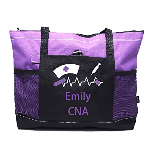 Personalized Nurse Tote Bag with Mesh Pockets, Zippered Beach Tote Bags , Large Travel Tote Bag for women, Gift for RN, LPN, CNA, Lightweight (Purple)