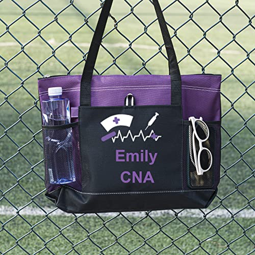 Personalized Nurse Tote Bag with Mesh Pockets, Zippered Beach Tote Bags , Large Travel Tote Bag for women, Gift for RN, LPN, CNA, Lightweight (Purple)