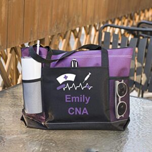 Personalized Nurse Tote Bag with Mesh Pockets, Zippered Beach Tote Bags , Large Travel Tote Bag for women, Gift for RN, LPN, CNA, Lightweight (Purple)