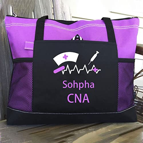 Personalized Nurse Tote Bag with Mesh Pockets, Zippered Beach Tote Bags , Large Travel Tote Bag for women, Gift for RN, LPN, CNA, Lightweight (Purple)