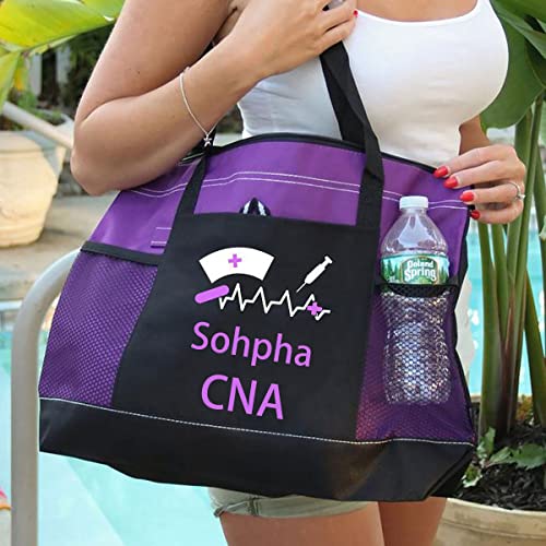 Personalized Nurse Tote Bag with Mesh Pockets, Zippered Beach Tote Bags , Large Travel Tote Bag for women, Gift for RN, LPN, CNA, Lightweight (Purple)