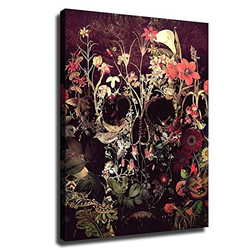 HBQPYL Bloom Skull Canvas Print, Flower Skull Canvas Art Print, Sugar Skull Canvas Art Home Decor Gift, Gothic Floral Skull Wall Art for Halloween (08x10inch,Pine Framed)