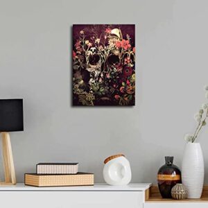 HBQPYL Bloom Skull Canvas Print, Flower Skull Canvas Art Print, Sugar Skull Canvas Art Home Decor Gift, Gothic Floral Skull Wall Art for Halloween (08x10inch,Pine Framed)