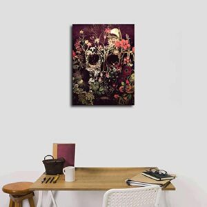 HBQPYL Bloom Skull Canvas Print, Flower Skull Canvas Art Print, Sugar Skull Canvas Art Home Decor Gift, Gothic Floral Skull Wall Art for Halloween (08x10inch,Pine Framed)