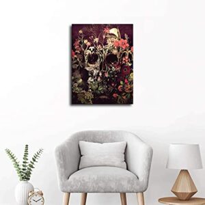 HBQPYL Bloom Skull Canvas Print, Flower Skull Canvas Art Print, Sugar Skull Canvas Art Home Decor Gift, Gothic Floral Skull Wall Art for Halloween (08x10inch,Pine Framed)