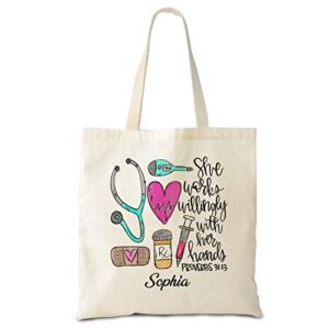 hyturtle personalized gifts for registered nurse rn cna ma pa – birthday christmas – she works willingly with canvas tote bag