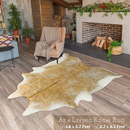 Rtizon Faux Cowhide Rug for Living Room, 4.6 x 5.2 Feet Khaki, Cow Print Skins Rug for Bedroom, Durable Premium Faux Fur Animal Cow Hide Rugs Carpet for Western Decor