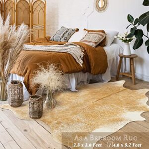 Rtizon Faux Cowhide Rug for Living Room, 4.6 x 5.2 Feet Khaki, Cow Print Skins Rug for Bedroom, Durable Premium Faux Fur Animal Cow Hide Rugs Carpet for Western Decor