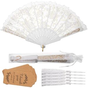 24 sets lace floral folding hand fans rose retro folding fan foldable white hand fans bridal hand held fan lace decorative folding fans tags with holes and bags for women wedding birthday party