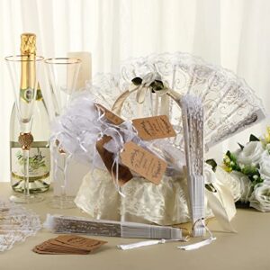 24 Sets Lace Floral Folding Hand Fans Rose Retro Folding Fan Foldable White Hand Fans Bridal Hand Held Fan Lace Decorative Folding Fans Tags with Holes and Bags for Women Wedding Birthday Party