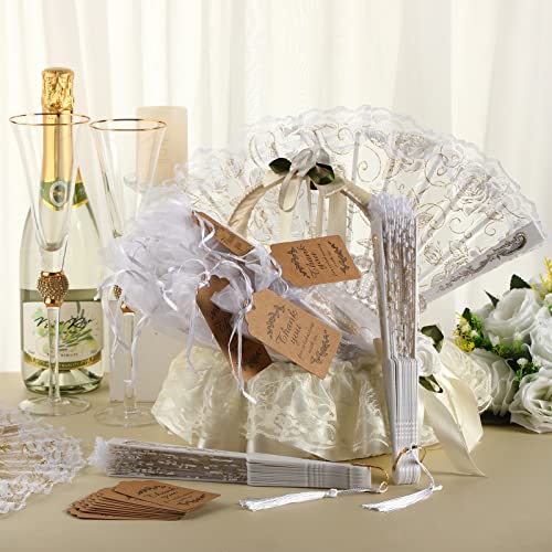 24 Sets Lace Floral Folding Hand Fans Rose Retro Folding Fan Foldable White Hand Fans Bridal Hand Held Fan Lace Decorative Folding Fans Tags with Holes and Bags for Women Wedding Birthday Party