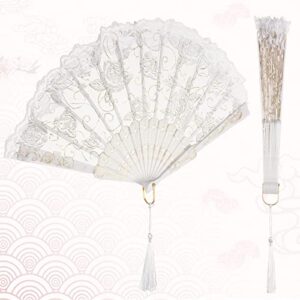 24 Sets Lace Floral Folding Hand Fans Rose Retro Folding Fan Foldable White Hand Fans Bridal Hand Held Fan Lace Decorative Folding Fans Tags with Holes and Bags for Women Wedding Birthday Party