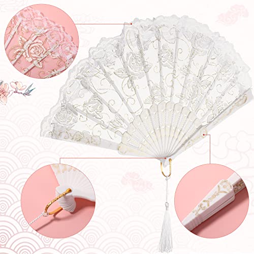 24 Sets Lace Floral Folding Hand Fans Rose Retro Folding Fan Foldable White Hand Fans Bridal Hand Held Fan Lace Decorative Folding Fans Tags with Holes and Bags for Women Wedding Birthday Party