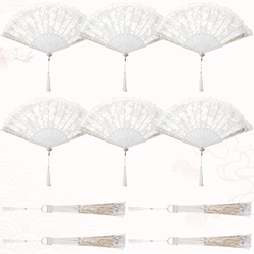 24 Sets Lace Floral Folding Hand Fans Rose Retro Folding Fan Foldable White Hand Fans Bridal Hand Held Fan Lace Decorative Folding Fans Tags with Holes and Bags for Women Wedding Birthday Party