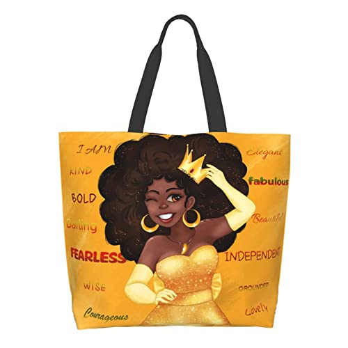 LMSM African American Woman Washable Shopping Bag Afro Black Girl Magic Large Casual Satchel Handbags Beach Bag For Gift Shopping Work