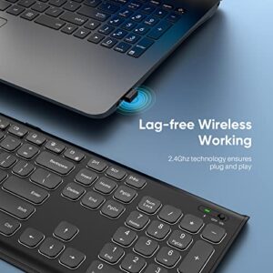 Qwecfly Wireless Keyboard, 2.4Ghz Ultra-Slim Rechargeable Backlit Keyboard, Illuminated Full Size Computer Keyboards with Numeric Pad, 12 Multimedia Keys for Computer, Laptop, Desktop, Windows 10/8/7