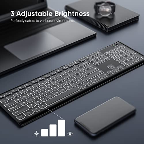 Qwecfly Wireless Keyboard, 2.4Ghz Ultra-Slim Rechargeable Backlit Keyboard, Illuminated Full Size Computer Keyboards with Numeric Pad, 12 Multimedia Keys for Computer, Laptop, Desktop, Windows 10/8/7