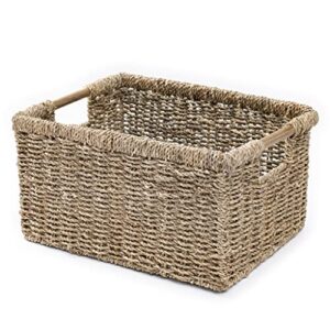 teri tale seagrass storage baskets with wooden handles, rectangular wicker baskets for organizing – decorative wicker storage basket for living room (large)