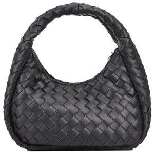 handmade woven hobo handbag vegan leather trendy designer women shoulder bag horns purse hand clutch bag light weight (black)