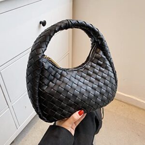 Handmade Woven Hobo Handbag Vegan Leather Trendy Designer Women Shoulder Bag Horns Purse Hand Clutch Bag Light Weight (Black)