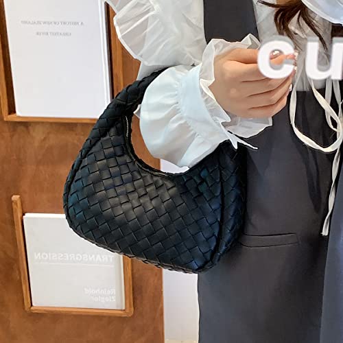 Handmade Woven Hobo Handbag Vegan Leather Trendy Designer Women Shoulder Bag Horns Purse Hand Clutch Bag Light Weight (Black)