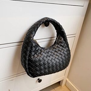 Handmade Woven Hobo Handbag Vegan Leather Trendy Designer Women Shoulder Bag Horns Purse Hand Clutch Bag Light Weight (Black)