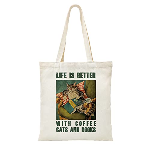 ZHANTUONE Canvas Tote Bag，Life is Better With Coffee Cats and Books，For Cat Lovers，Cat Lover Gifts for Women，Cat Lady Funny Cat Gifts，Pet Owner Gift，Birthday Gift For Someone Who Love Cats