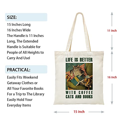 ZHANTUONE Canvas Tote Bag，Life is Better With Coffee Cats and Books，For Cat Lovers，Cat Lover Gifts for Women，Cat Lady Funny Cat Gifts，Pet Owner Gift，Birthday Gift For Someone Who Love Cats