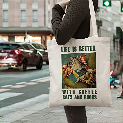 ZHANTUONE Canvas Tote Bag，Life is Better With Coffee Cats and Books，For Cat Lovers，Cat Lover Gifts for Women，Cat Lady Funny Cat Gifts，Pet Owner Gift，Birthday Gift For Someone Who Love Cats