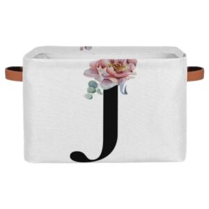 alphabet monogram floral j letter fabric storage baskets for shelves for organizing closet, foldable storage bins rectangular decorative basket with leather handles cubes, 2 pack