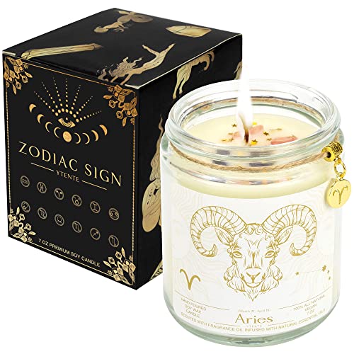 YTENTE Aries Candles Gift for Women,Zodiac Crystals Candles,Astrology Gift March Birthday Gifts for Women Mom Sister Lavender Scented Soy Candles