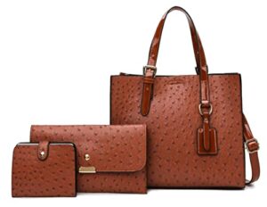 patent strap shoulder bags ostrich pattern handbags 3pcs hobos with matching wallet tote purse (brown)