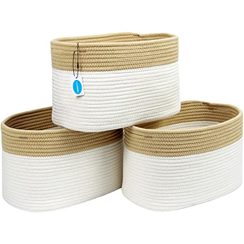 Casaphoria Cotton Rope Storage Baskets Bin Set of 3 Storage Cube Organizer Foldable Decorative Woven Basket for Clothes, Makeup, Books, Nursery, 15"x 10"x 9",pack of 3, White and Brown