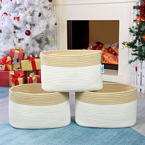 Casaphoria Cotton Rope Storage Baskets Bin Set of 3 Storage Cube Organizer Foldable Decorative Woven Basket for Clothes, Makeup, Books, Nursery, 15"x 10"x 9",pack of 3, White and Brown