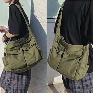 Canvas Shoulder Bag Large Hobo Crossbody Bag with Multiple Pockets Canvas Messenger Tote Bag for Women and Men